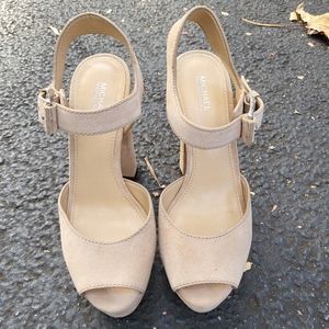 Michael Michael Kors Womens Platform London Open Toe Pumps Nude Tan Suede 7